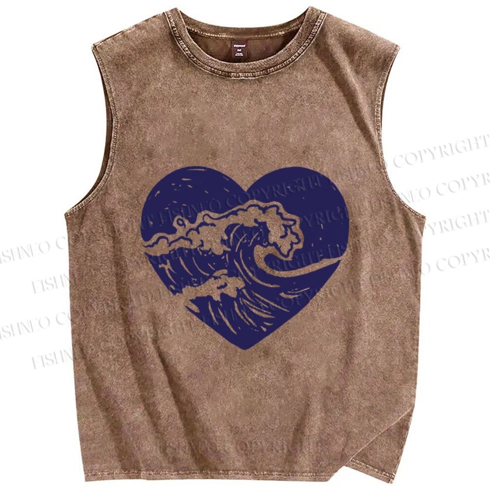Unisex Wave in Heart Printed Washed Tank Top