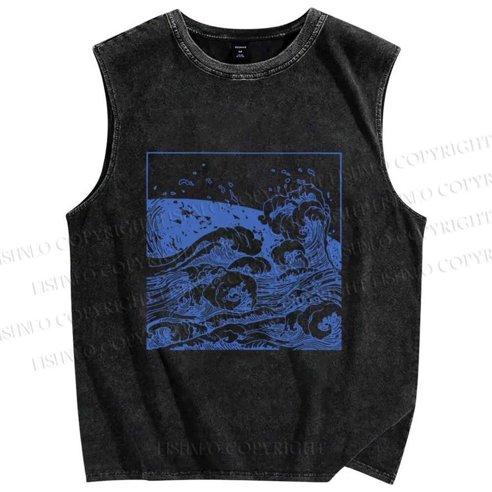 Unisex Japanese Line Wave Printed Washed Tank Top