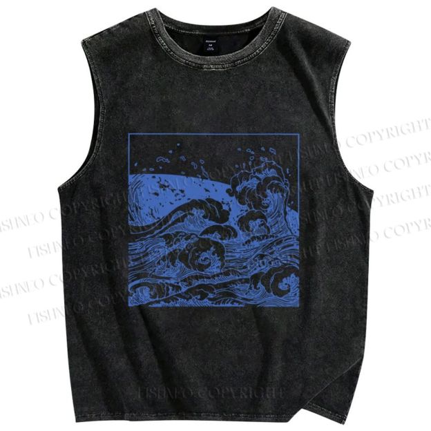 Unisex Japanese Line Wave Printed Washed Tank Top