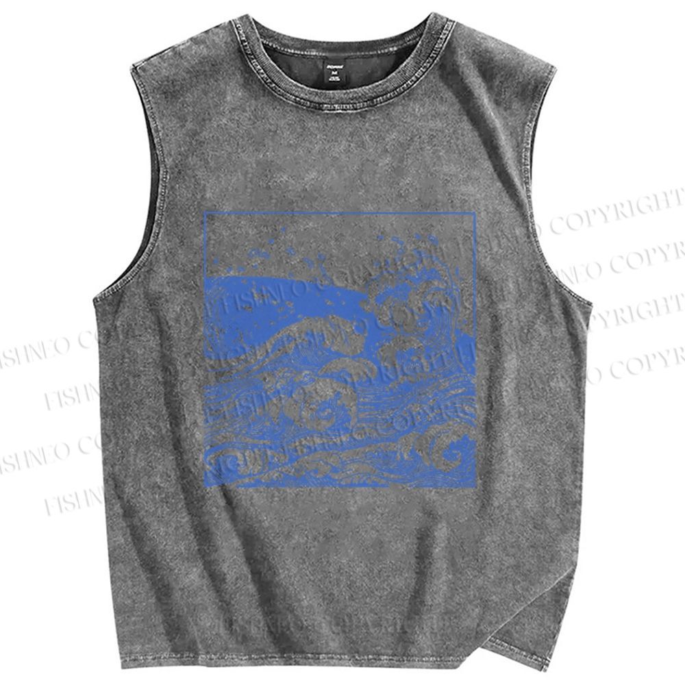 Unisex Japanese Line Wave Printed Washed Tank Top