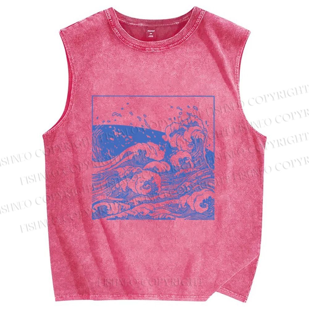 Unisex Japanese Line Wave Printed Washed Tank Top