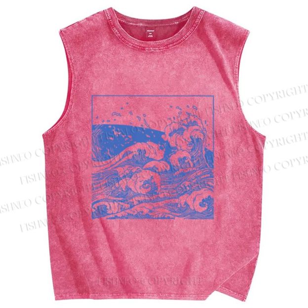 Unisex Japanese Line Wave Printed Washed Tank Top