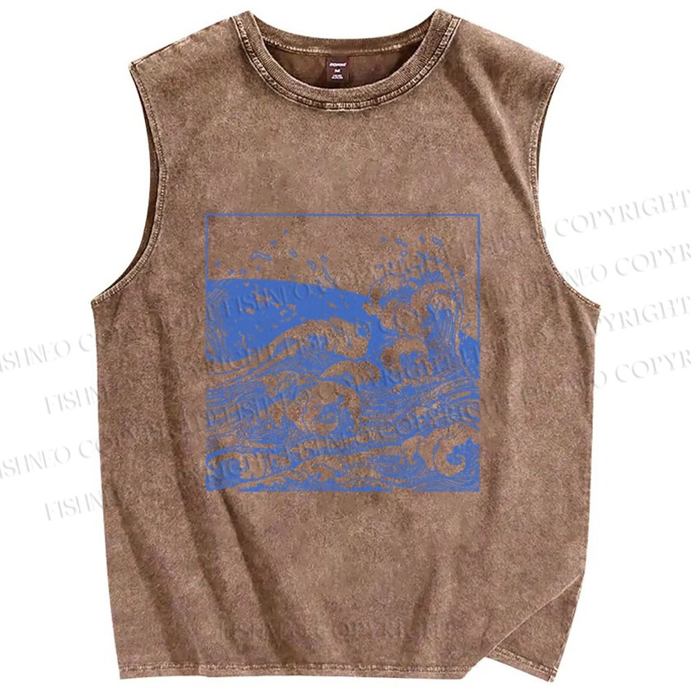 Unisex Japanese Line Wave Printed Washed Tank Top