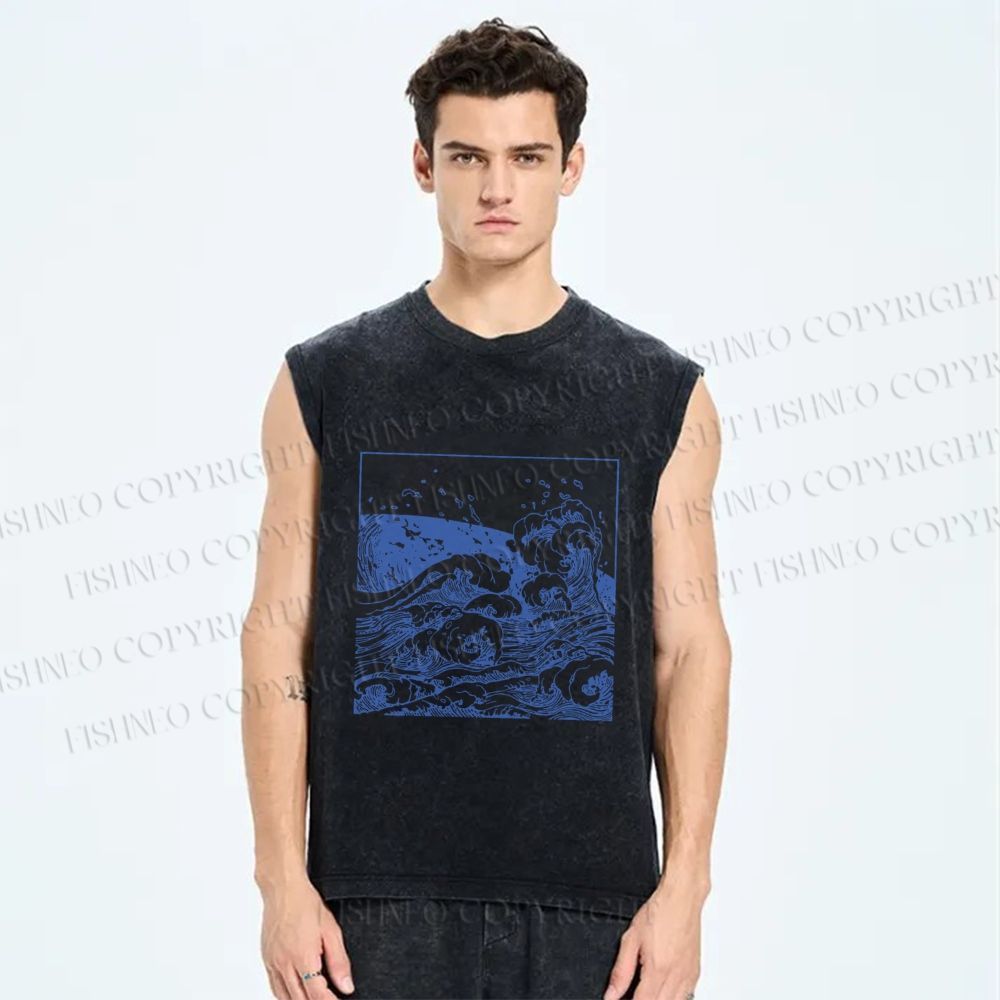 Unisex Japanese Line Wave Printed Washed Tank Top
