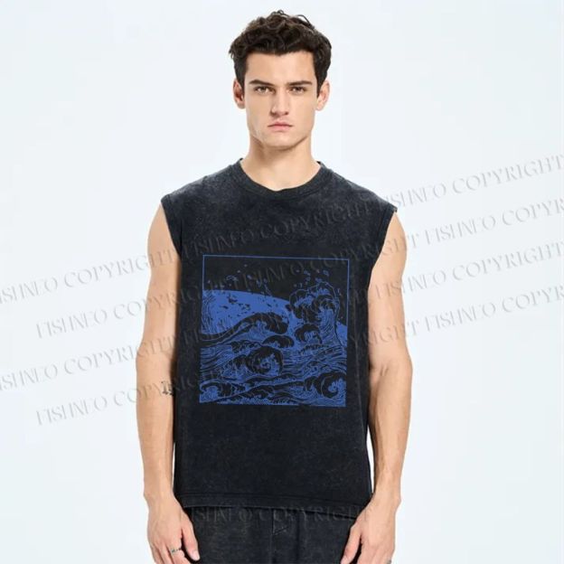 Unisex Japanese Line Wave Printed Washed Tank Top