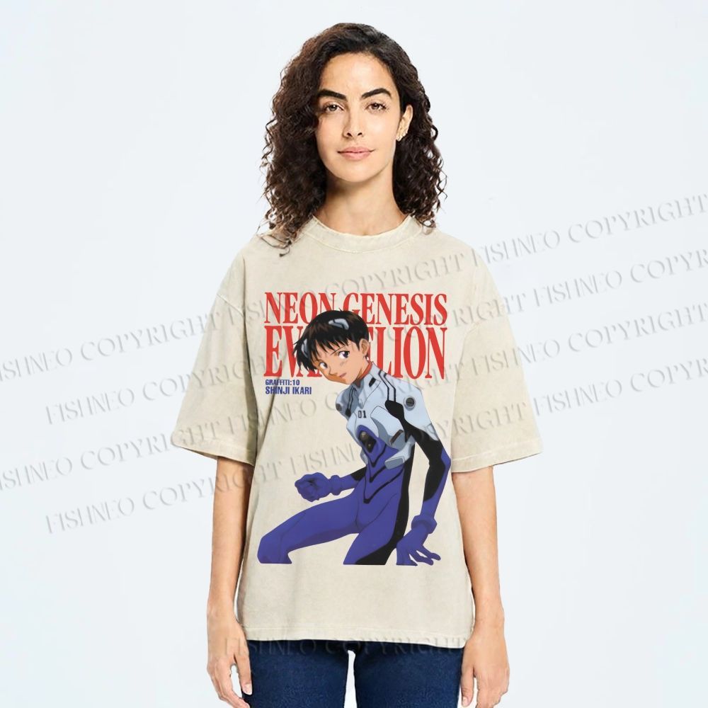 Unisex Neon Genesis Evangelion Shinji Printed Washed Tee