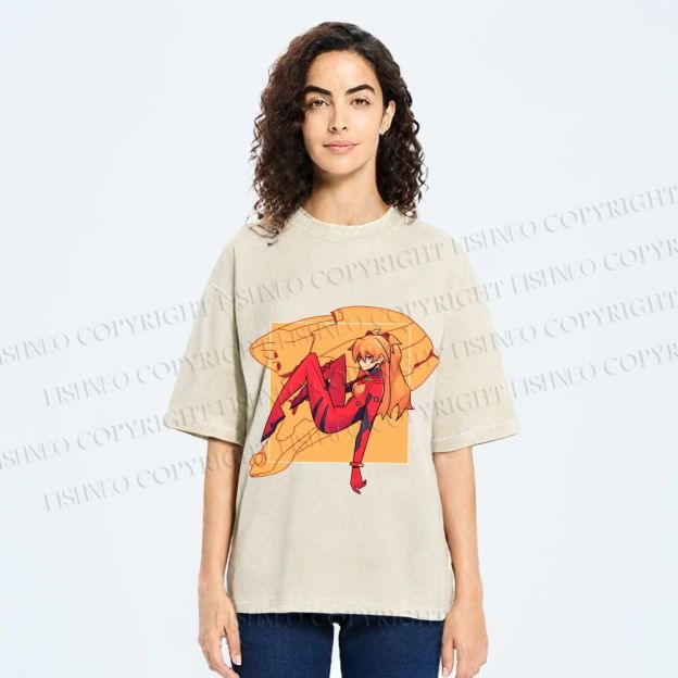 Unisex Neon Genesis Evangelion Asuka Printed Washed Tee
