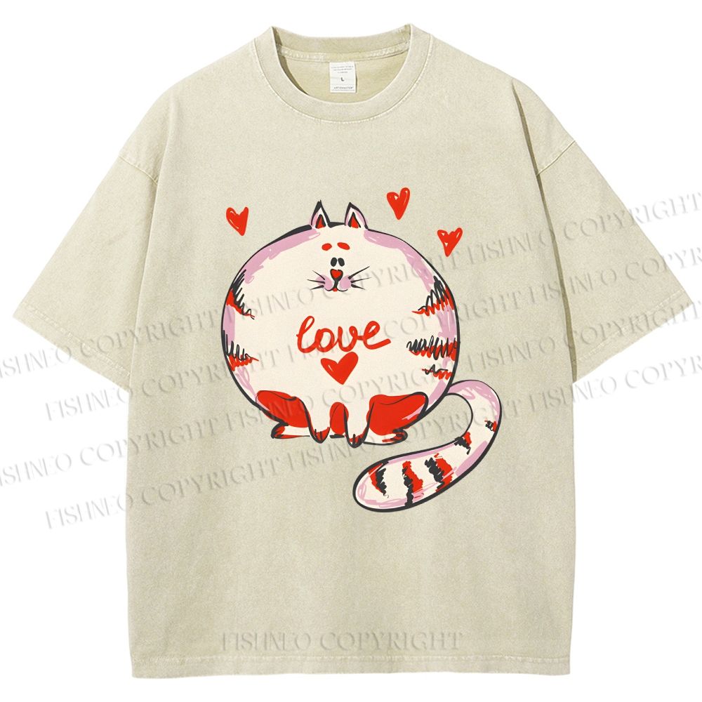 Unisex Valentine's Day Heart Cat Printed Washed Tee