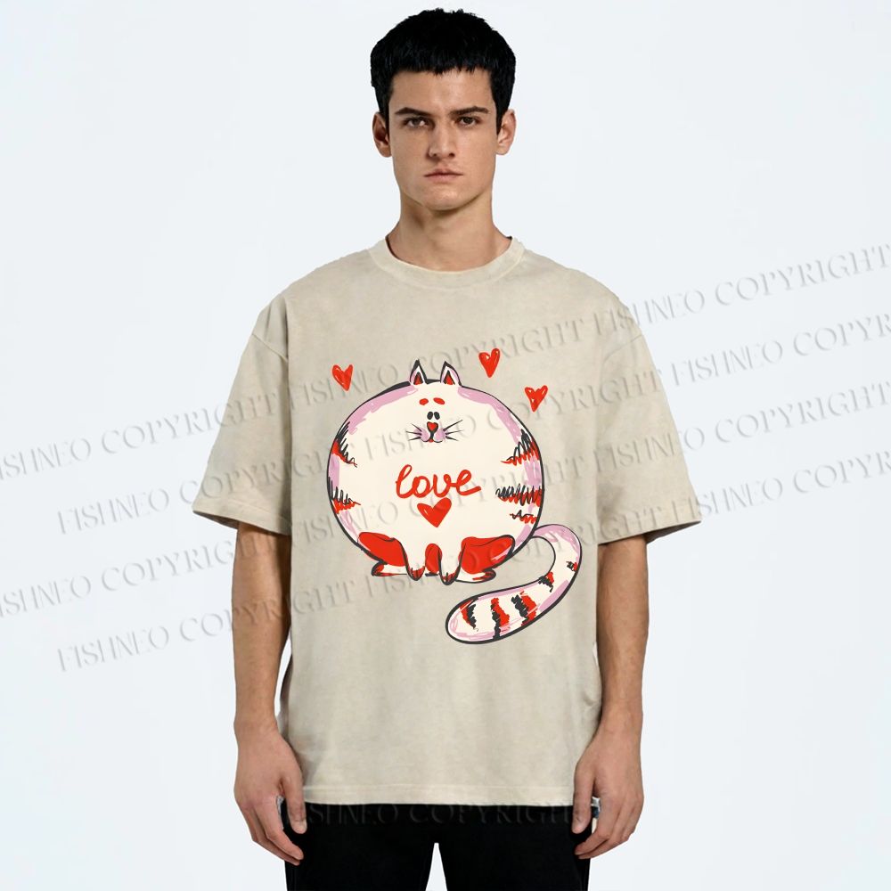 Unisex Valentine's Day Heart Cat Printed Washed Tee