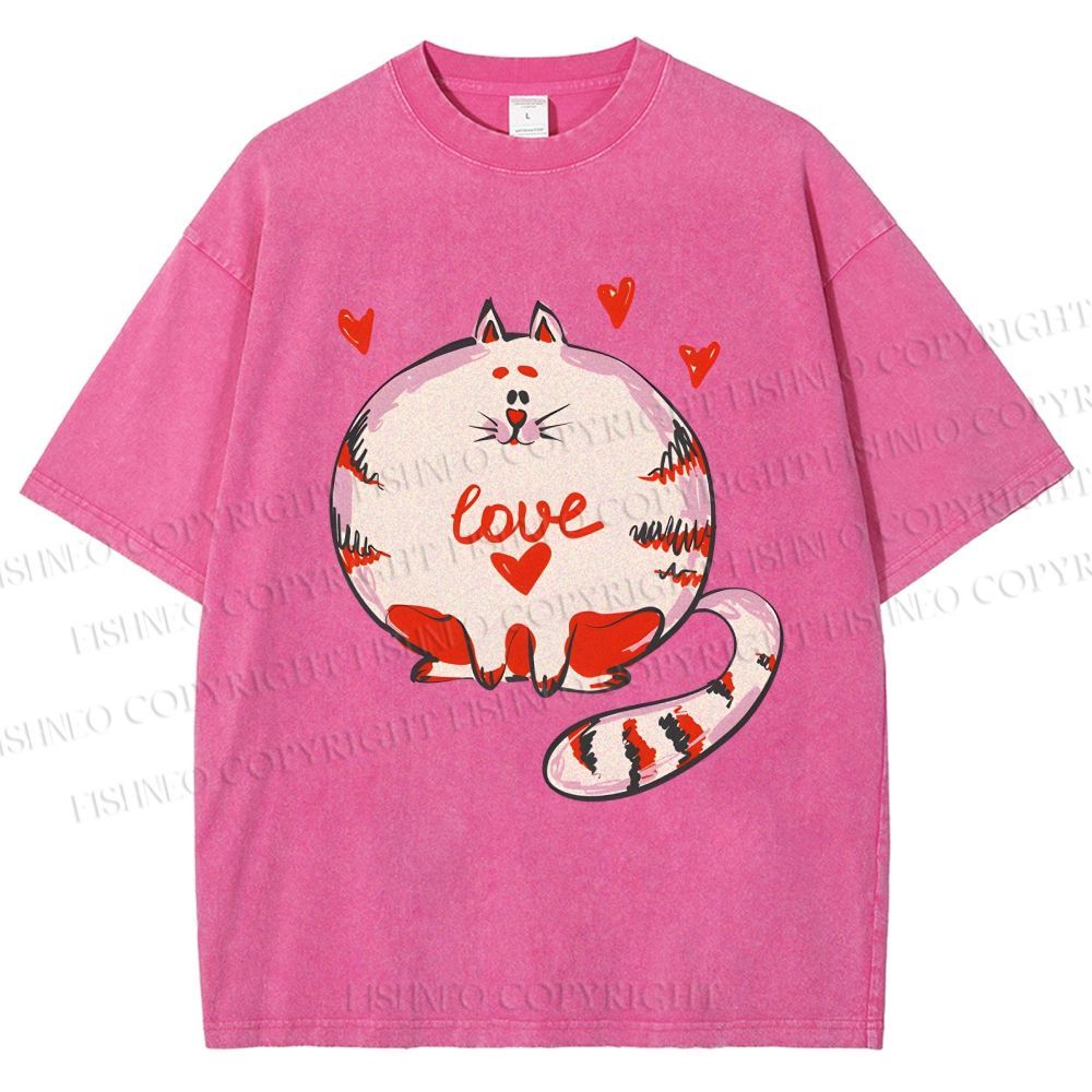 Unisex Valentine's Day Heart Cat Printed Washed Tee