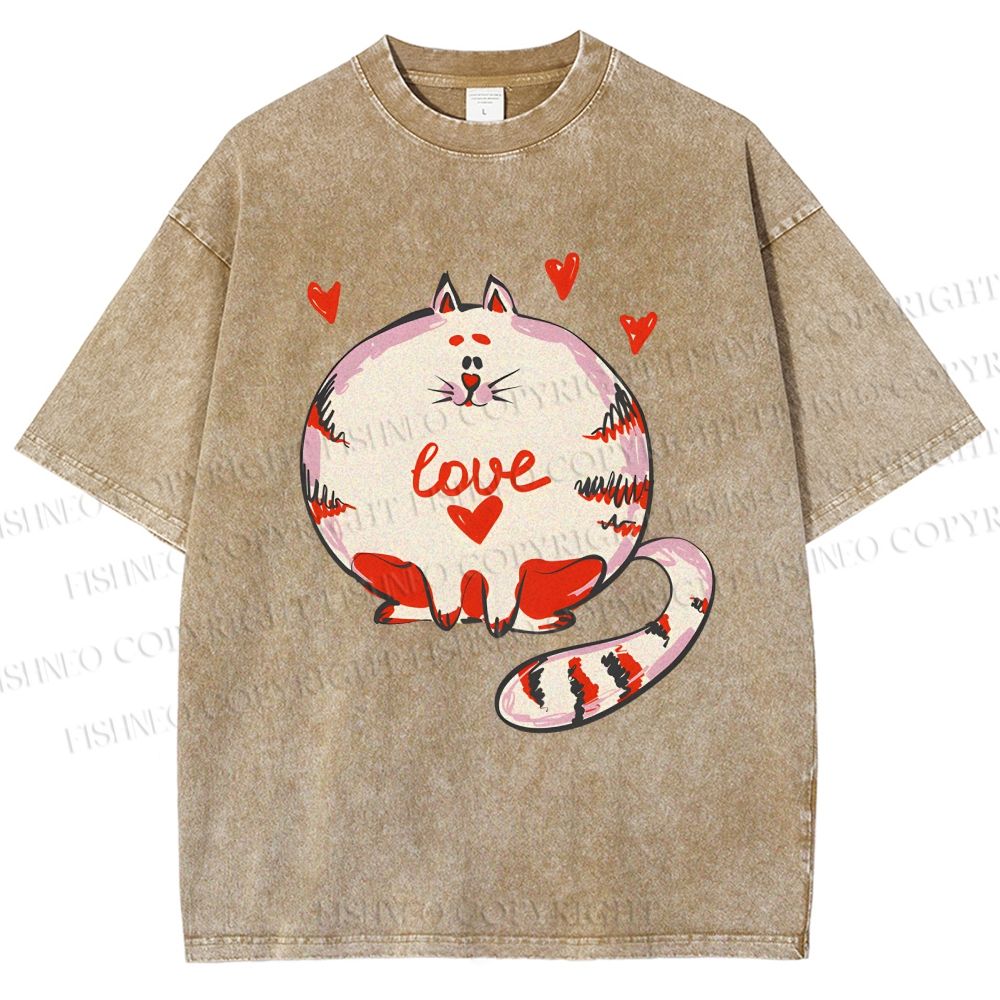 Unisex Valentine's Day Heart Cat Printed Washed Tee