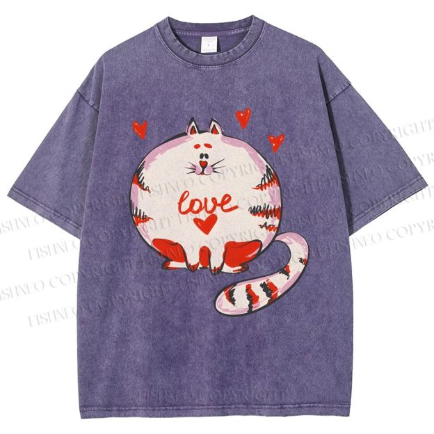 Unisex Valentine's Day Heart Cat Printed Washed Tee