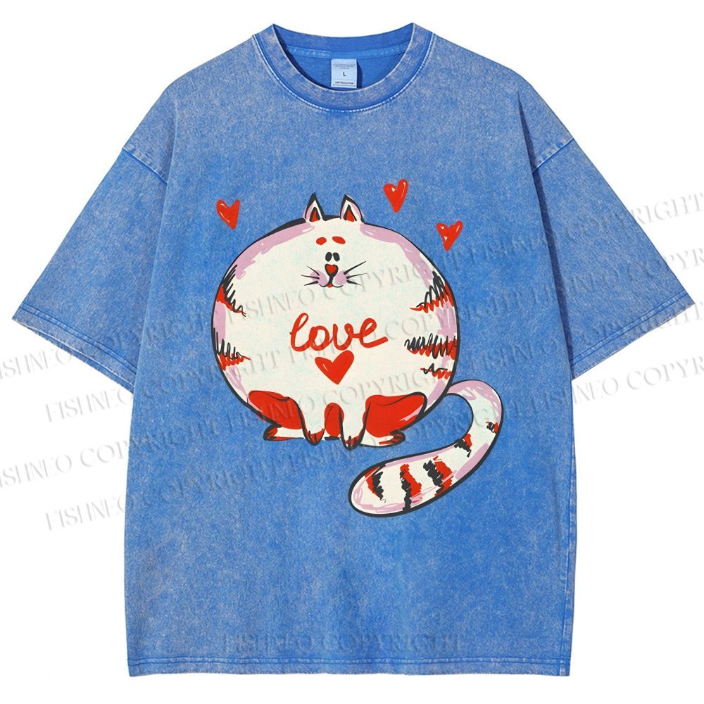 Unisex Valentine's Day Heart Cat Printed Washed Tee
