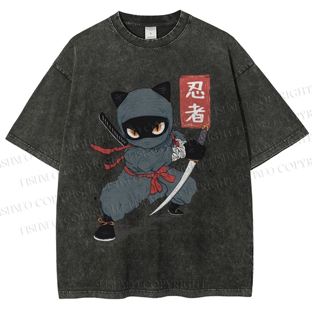 Unisex Ninja Cat Printed Washed Tee