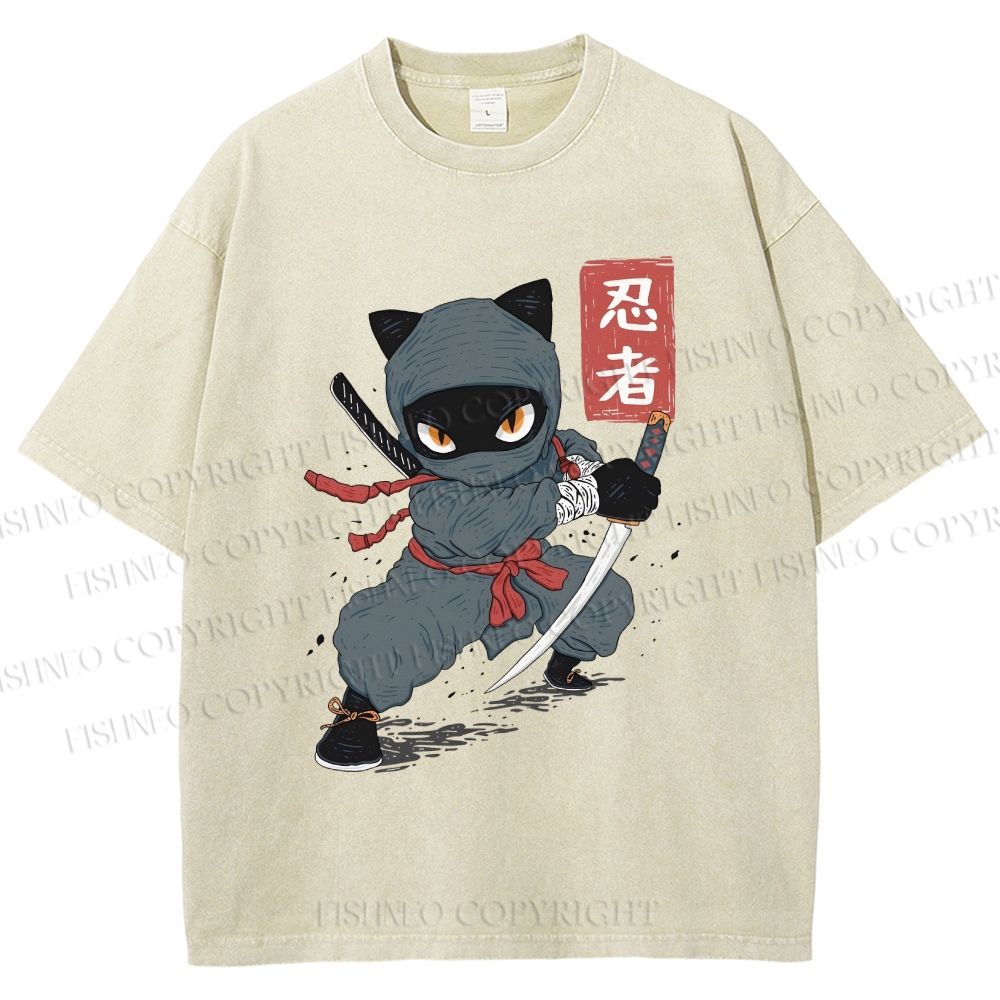 Unisex Ninja Cat Printed Washed Tee
