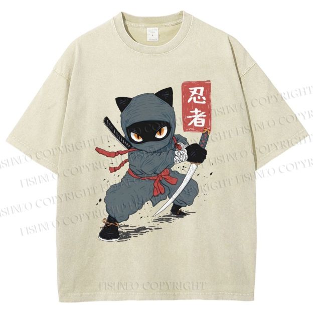 Unisex Ninja Cat Printed Washed Tee