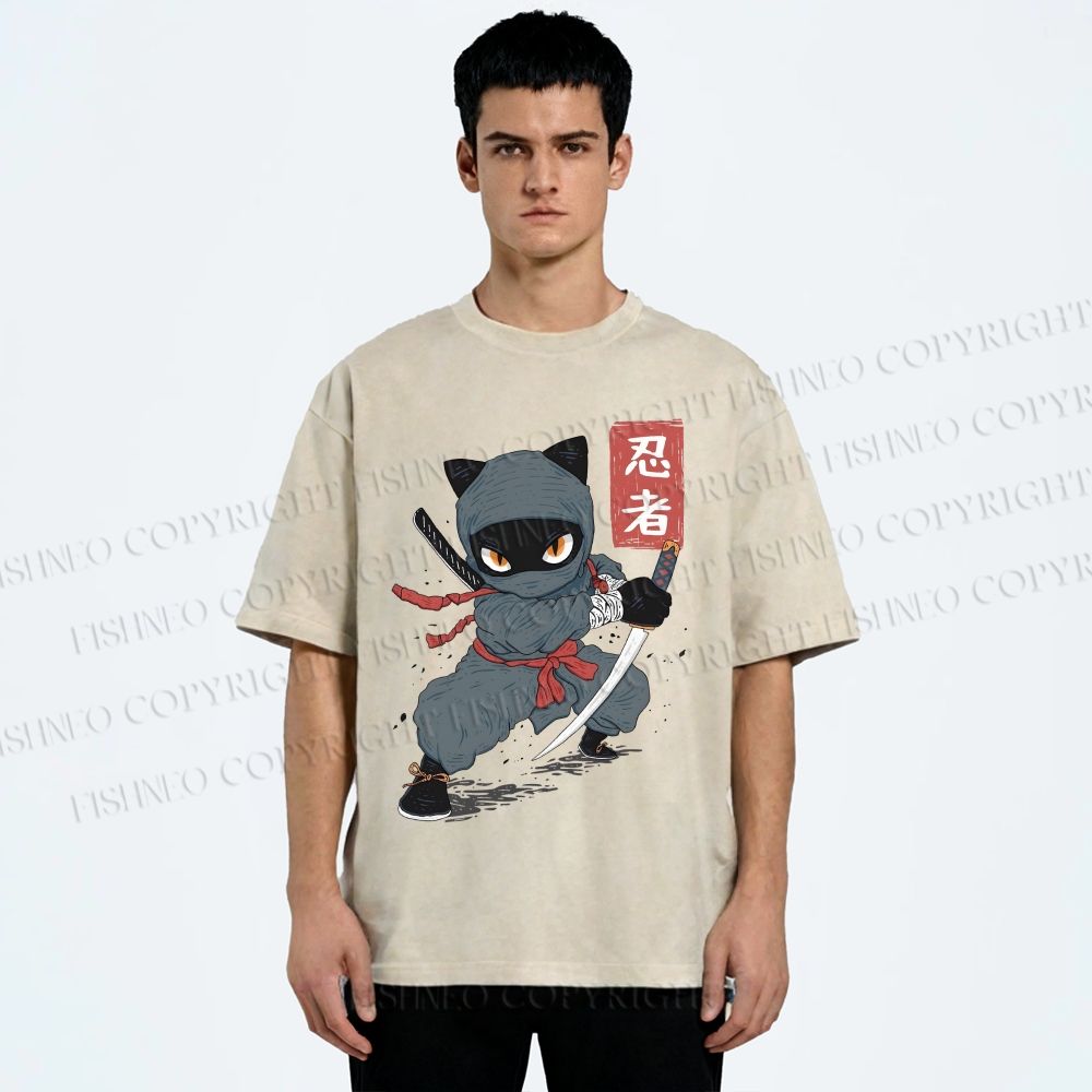 Unisex Ninja Cat Printed Washed Tee