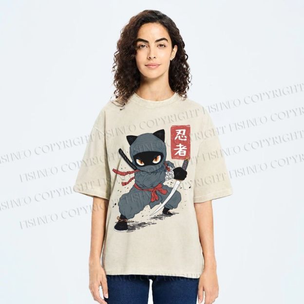 Unisex Ninja Cat Printed Washed Tee