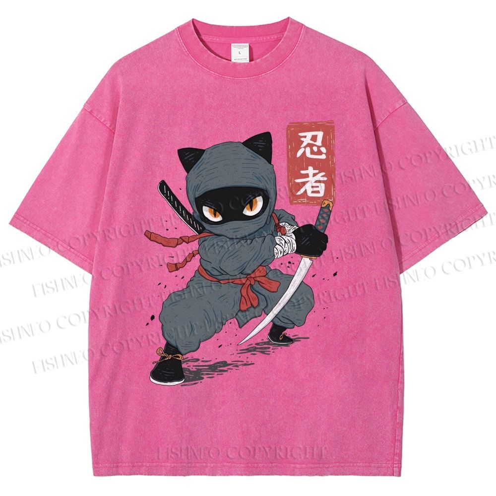 Unisex Ninja Cat Printed Washed Tee