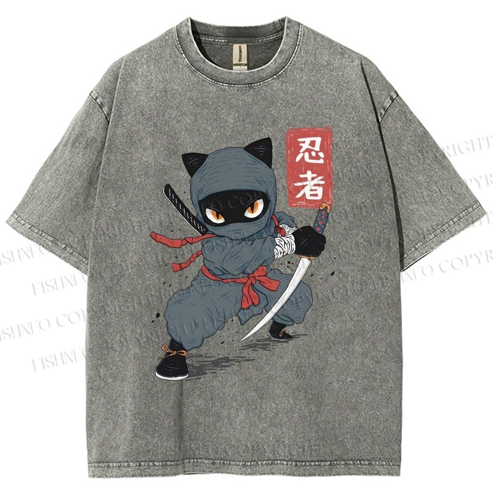 Unisex Ninja Cat Printed Washed Tee