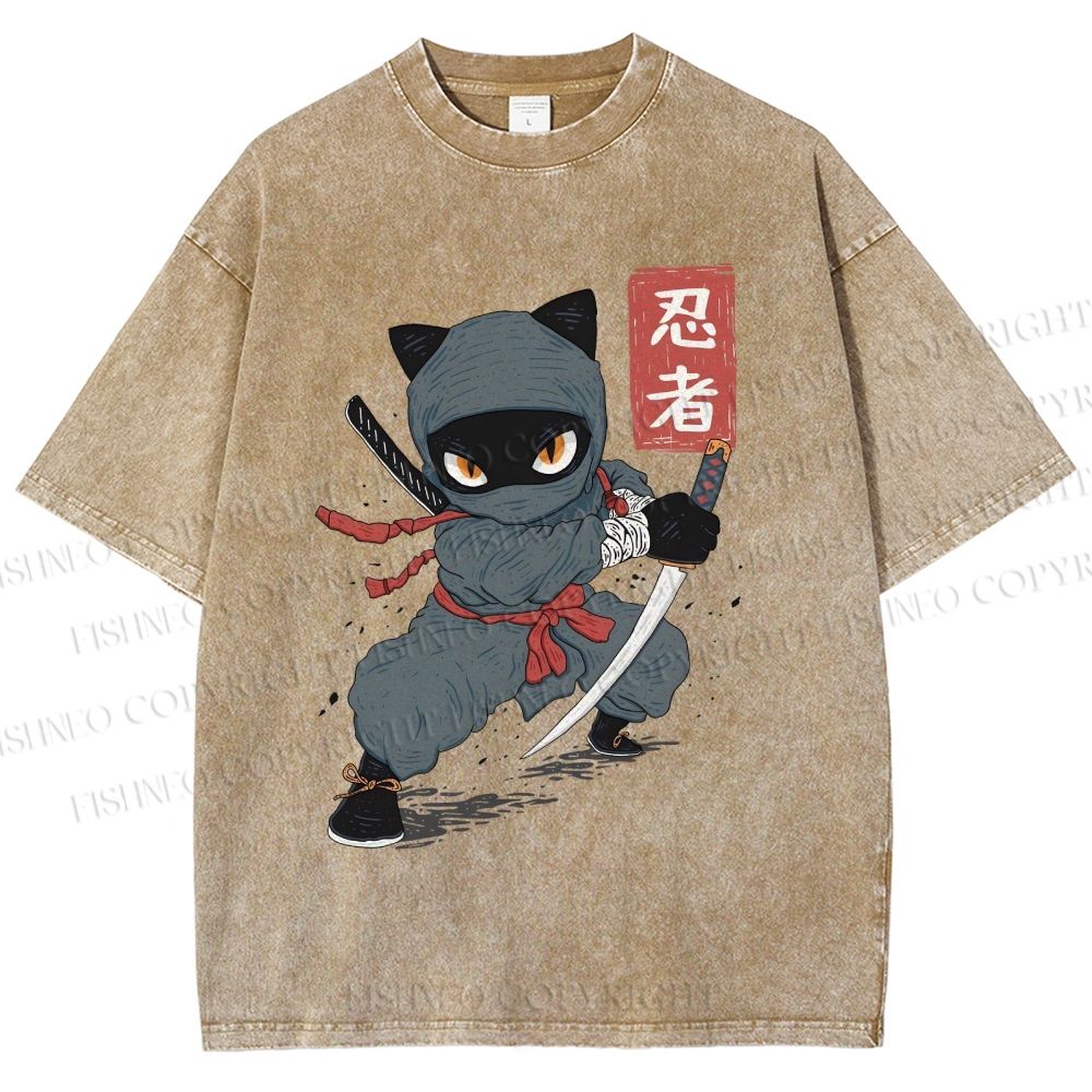 Unisex Ninja Cat Printed Washed Tee
