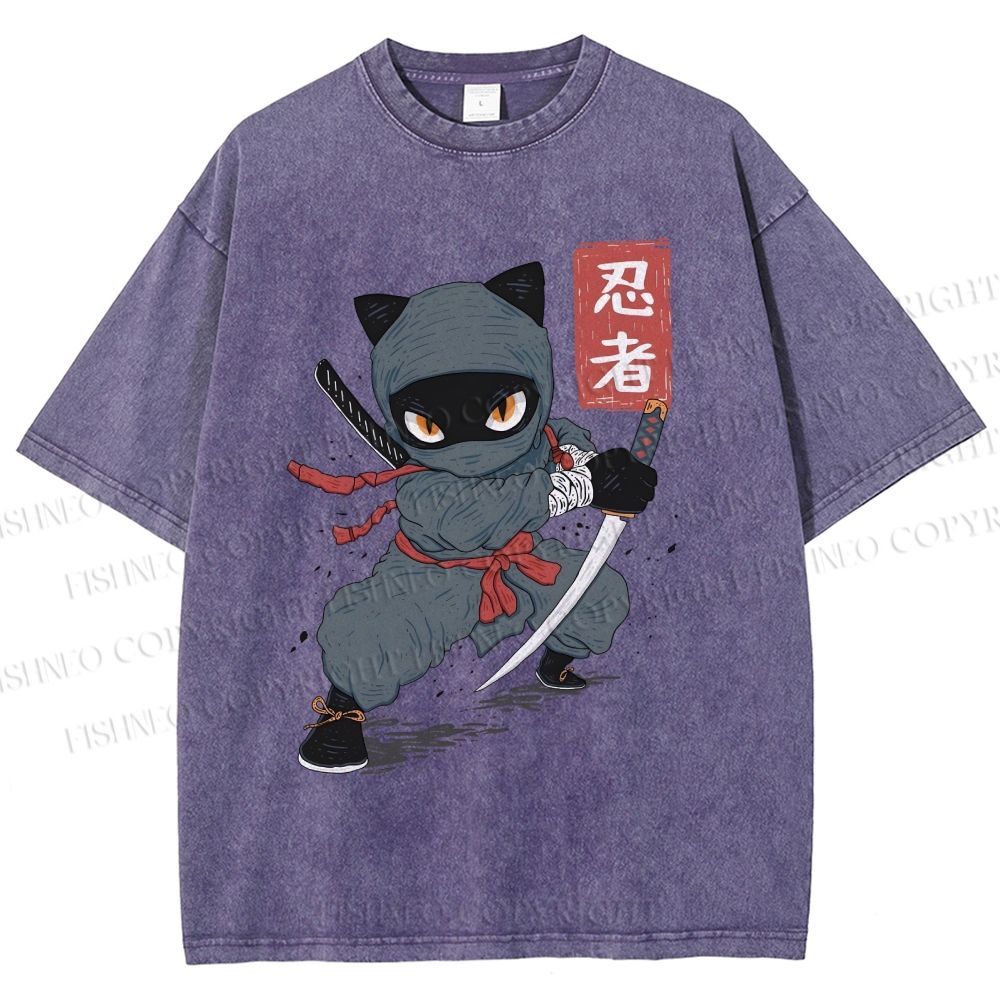 Unisex Ninja Cat Printed Washed Tee