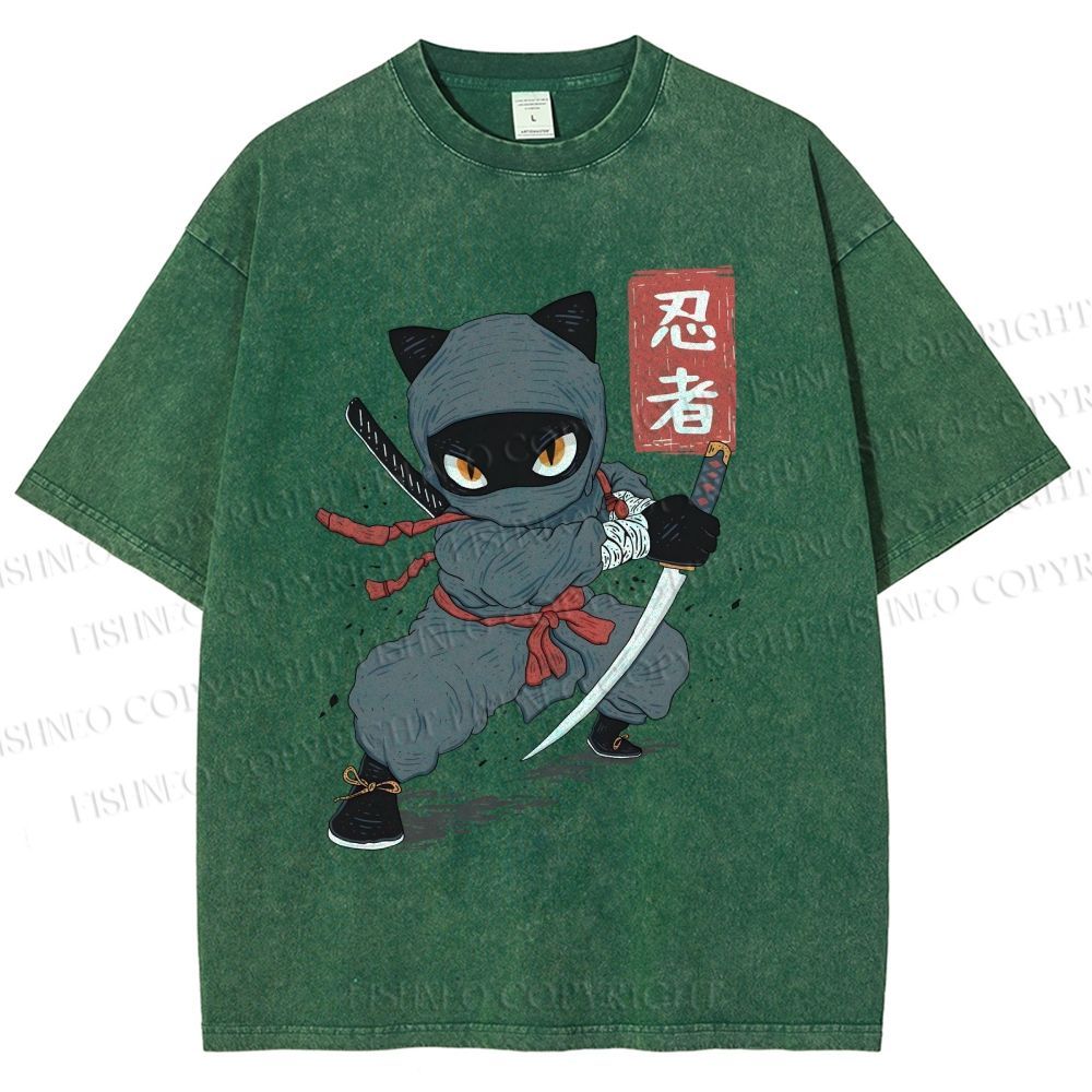 Unisex Ninja Cat Printed Washed Tee
