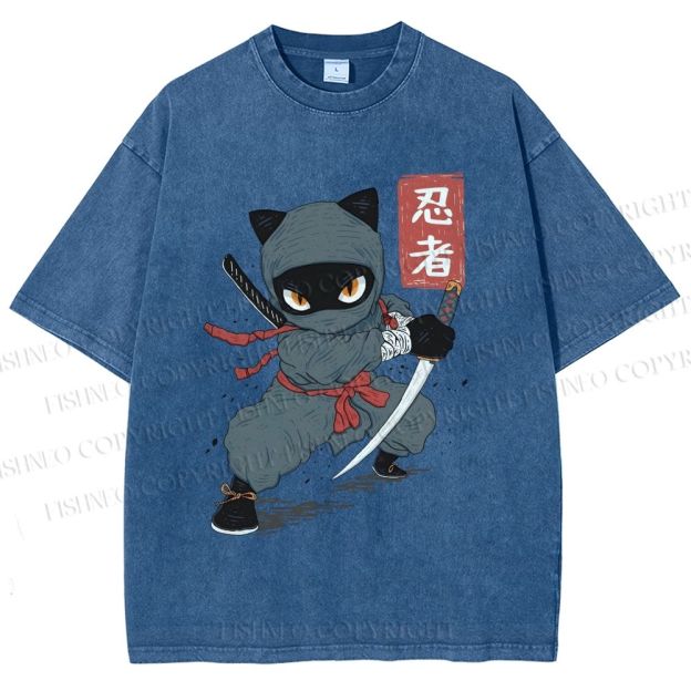 Unisex Ninja Cat Printed Washed Tee