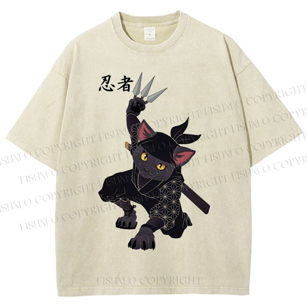 Unisex Ninja Cat Printed Washed Tee