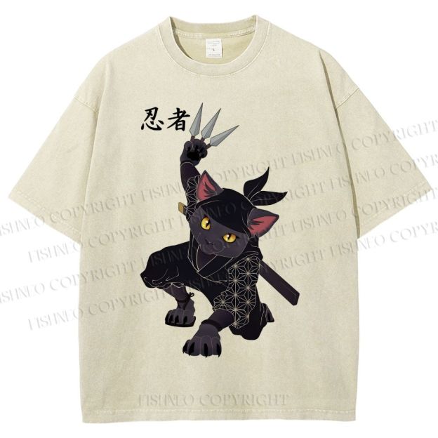 Unisex Ninja Cat Printed Washed Tee