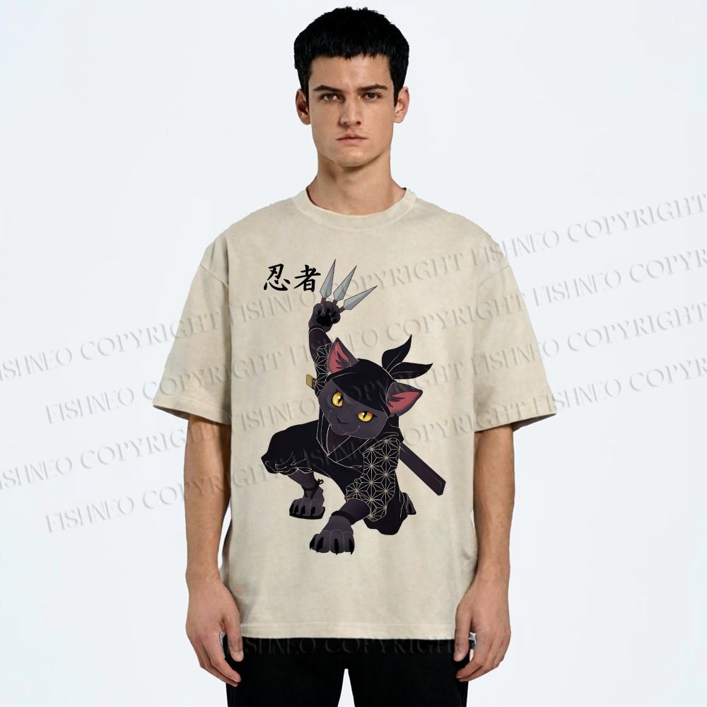 Unisex Ninja Cat Printed Washed Tee