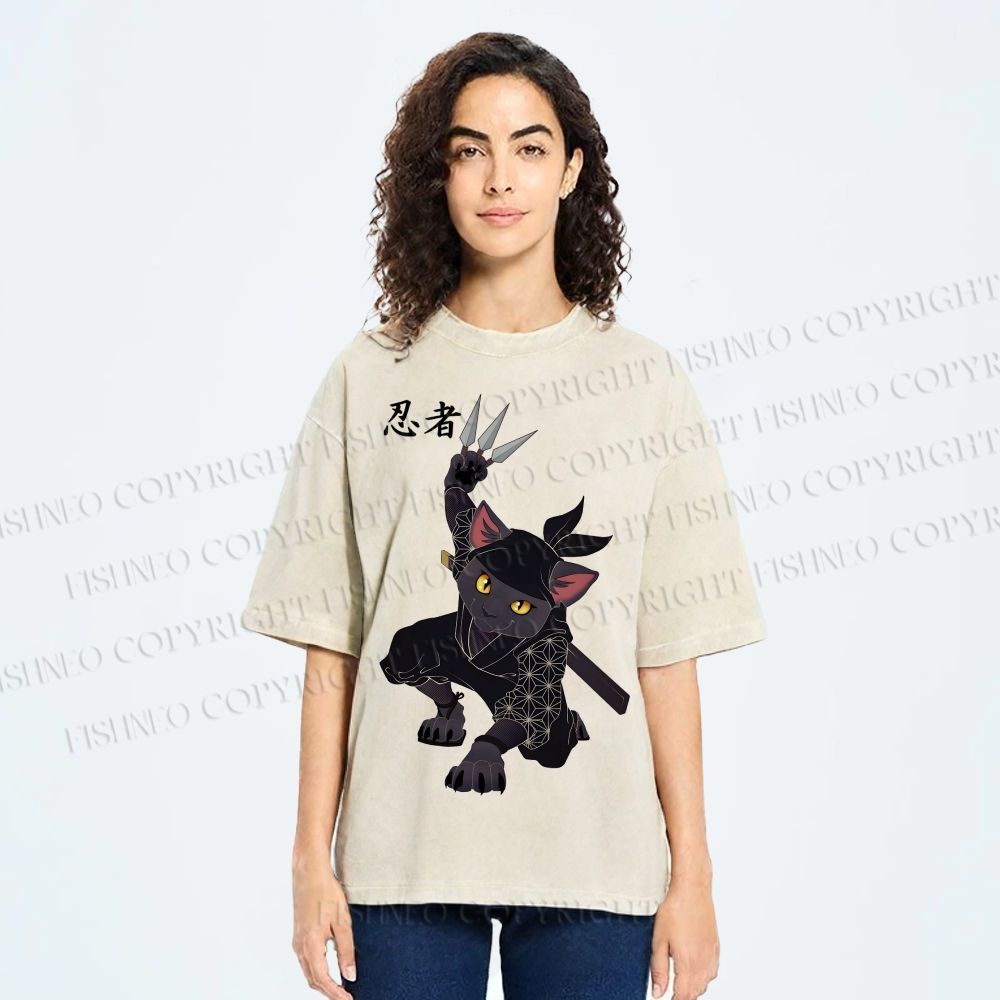 Unisex Ninja Cat Printed Washed Tee