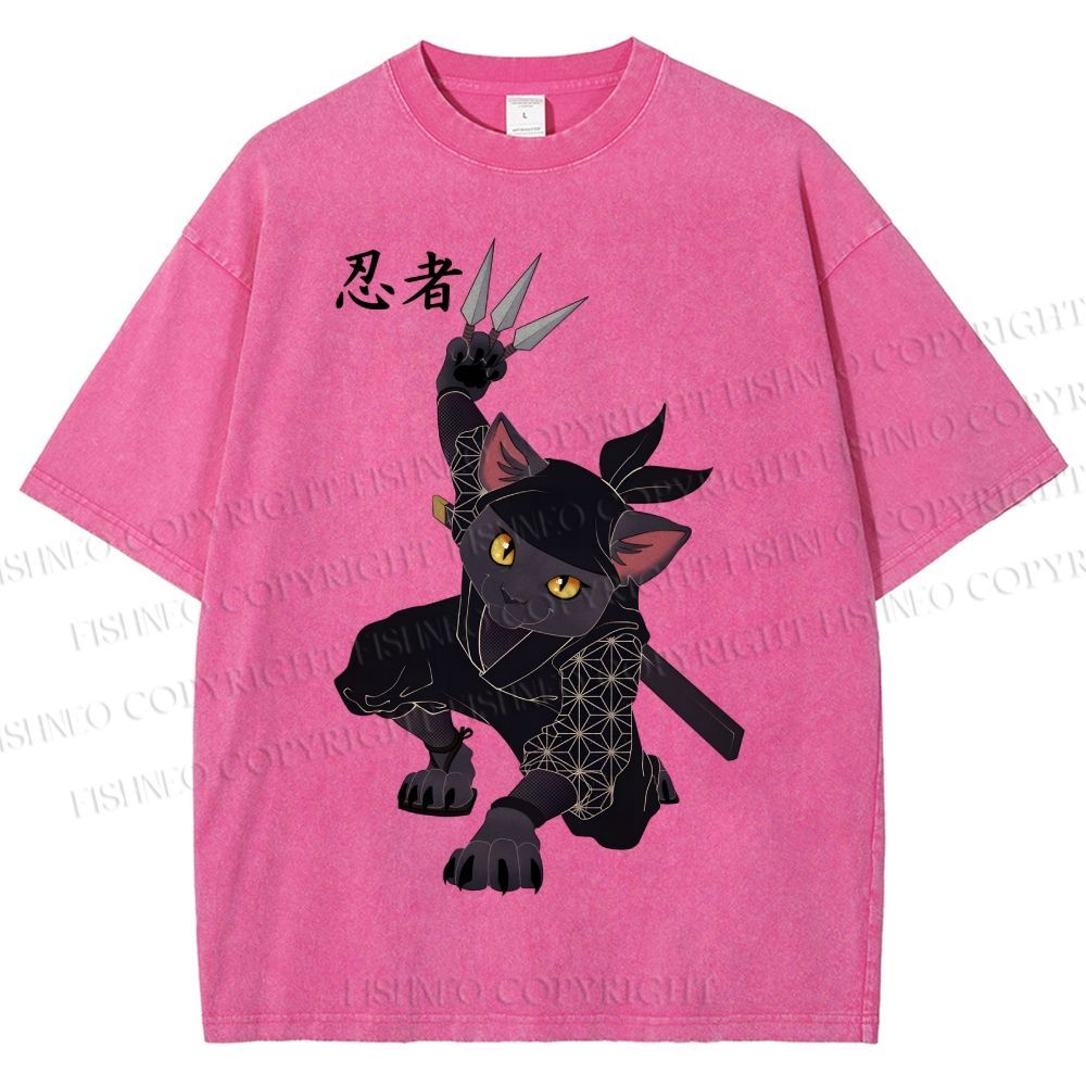 Unisex Ninja Cat Printed Washed Tee