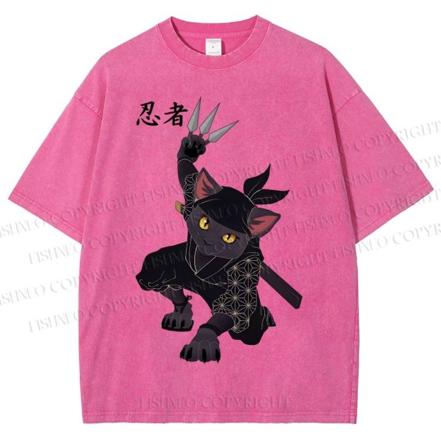 Unisex Ninja Cat Printed Washed Tee
