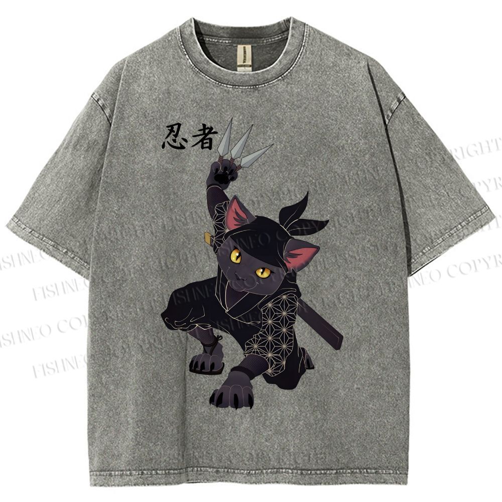 Unisex Ninja Cat Printed Washed Tee