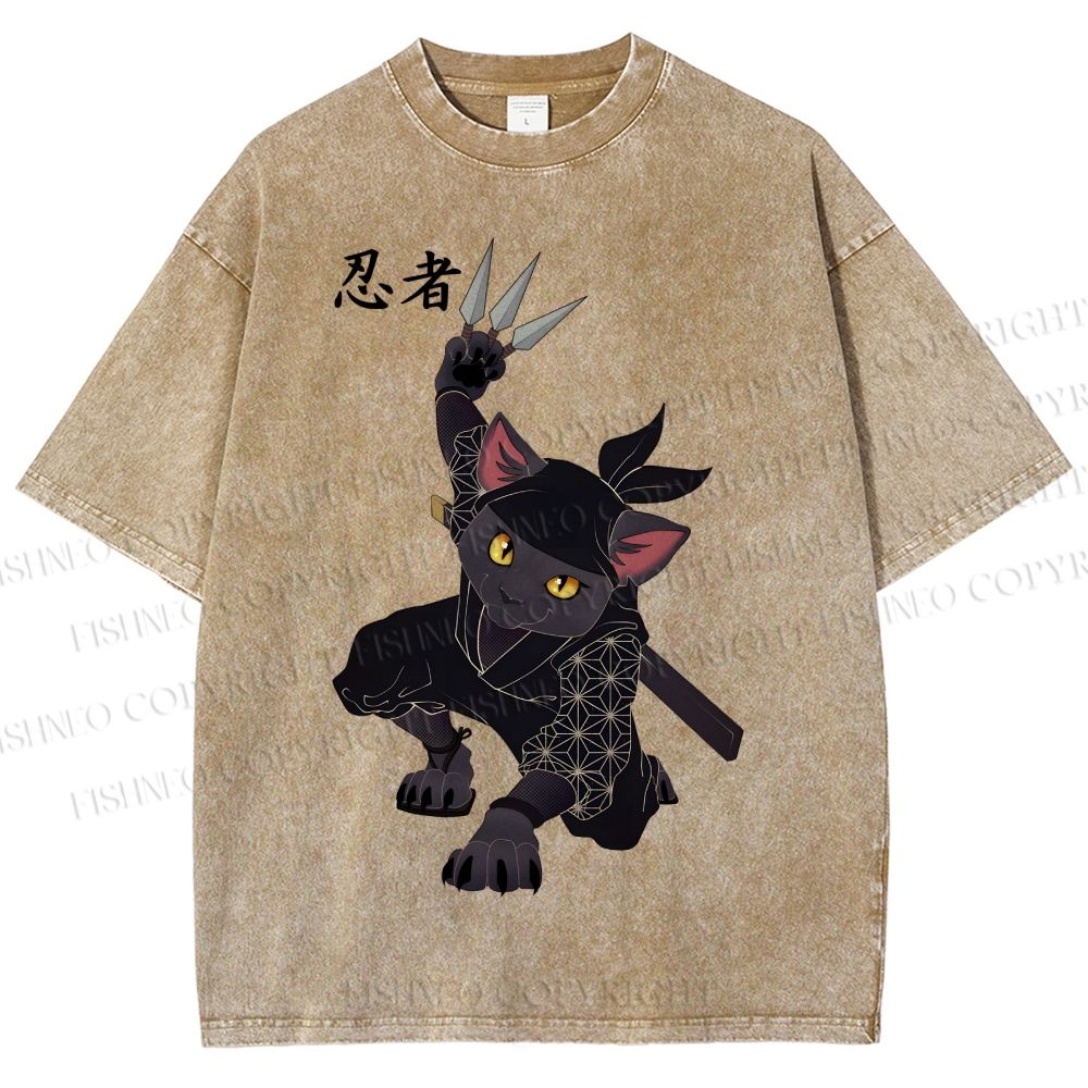 Unisex Ninja Cat Printed Washed Tee