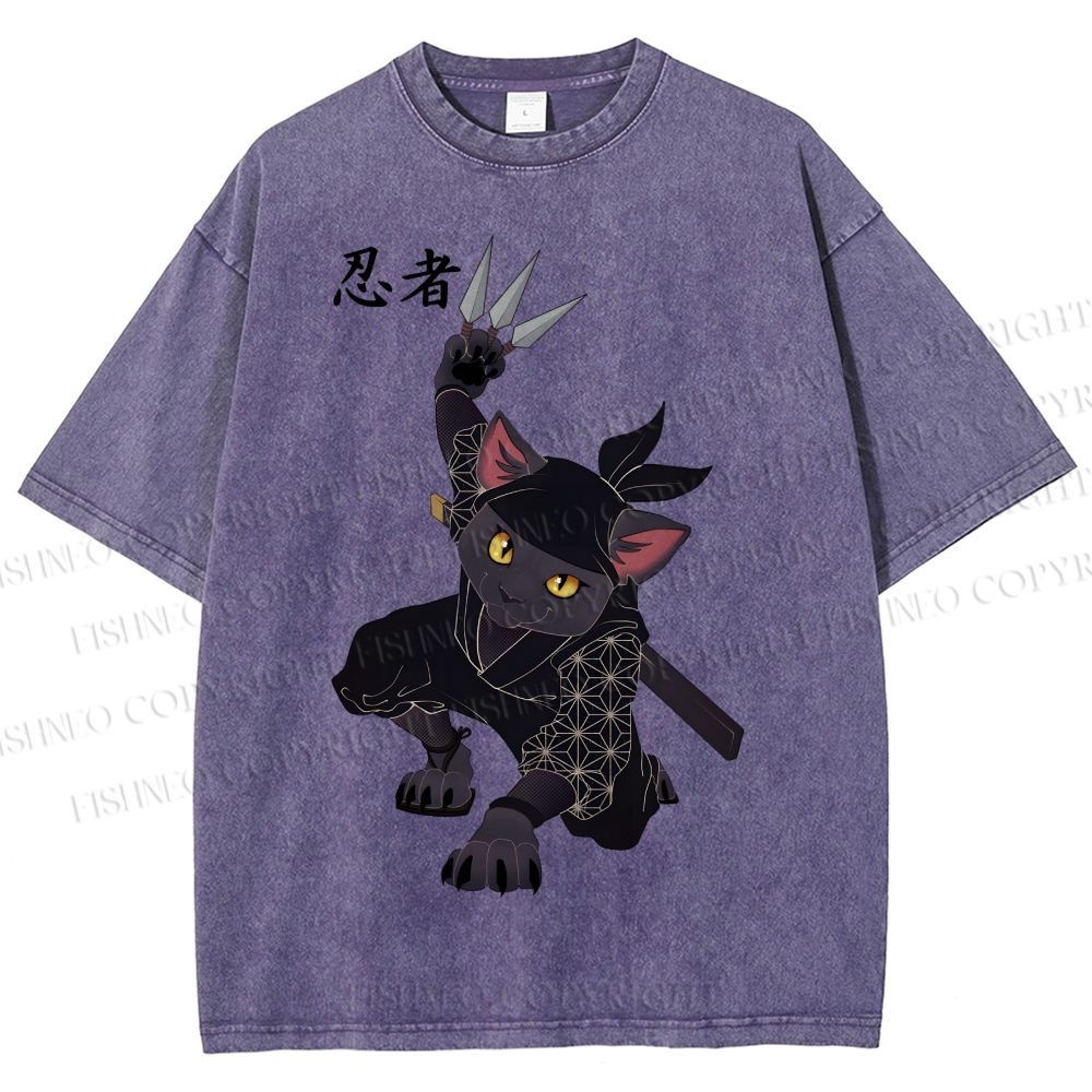 Unisex Ninja Cat Printed Washed Tee