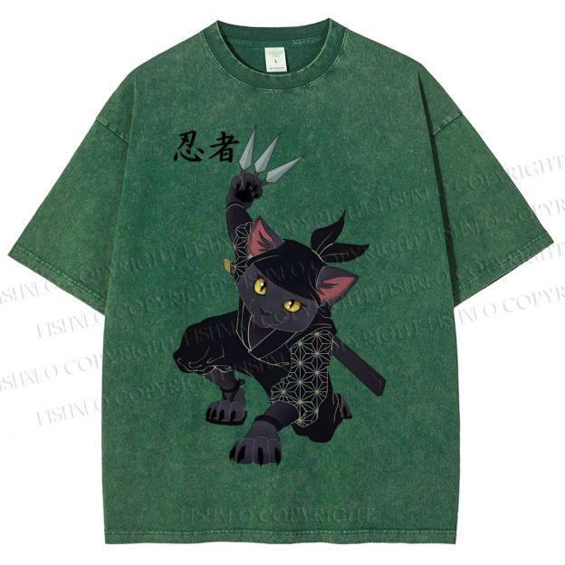 Unisex Ninja Cat Printed Washed Tee