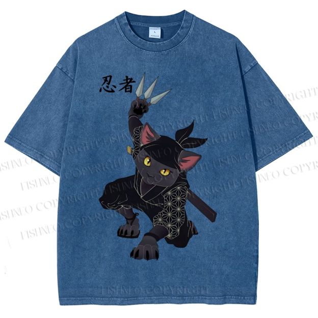 Unisex Ninja Cat Printed Washed Tee