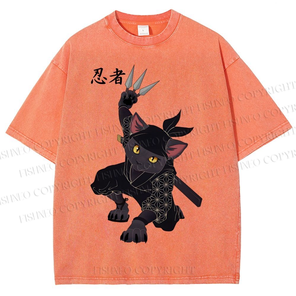 Unisex Ninja Cat Printed Washed Tee
