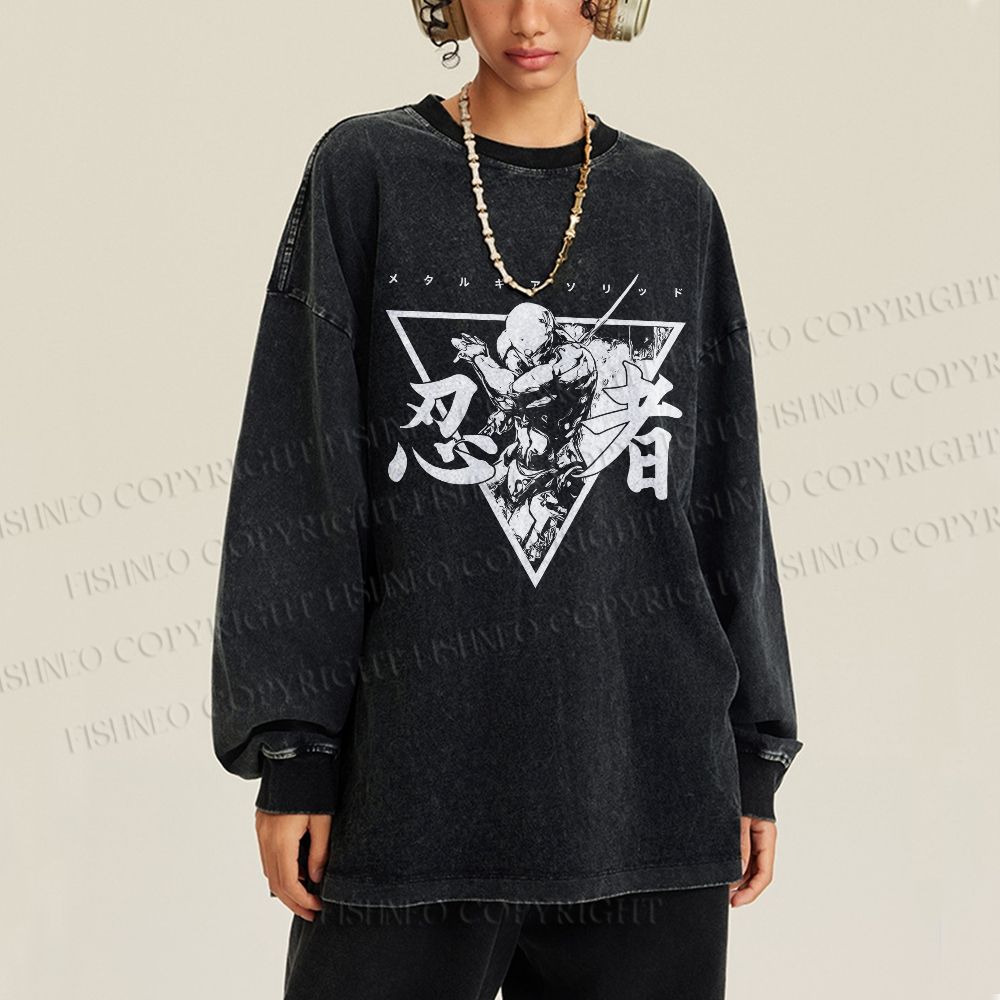 Unisex Casual Washed Metal Gear Printed Long Sleeve T-shirt