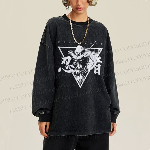 Unisex Casual Washed Metal Gear Printed Long Sleeve T-shirt