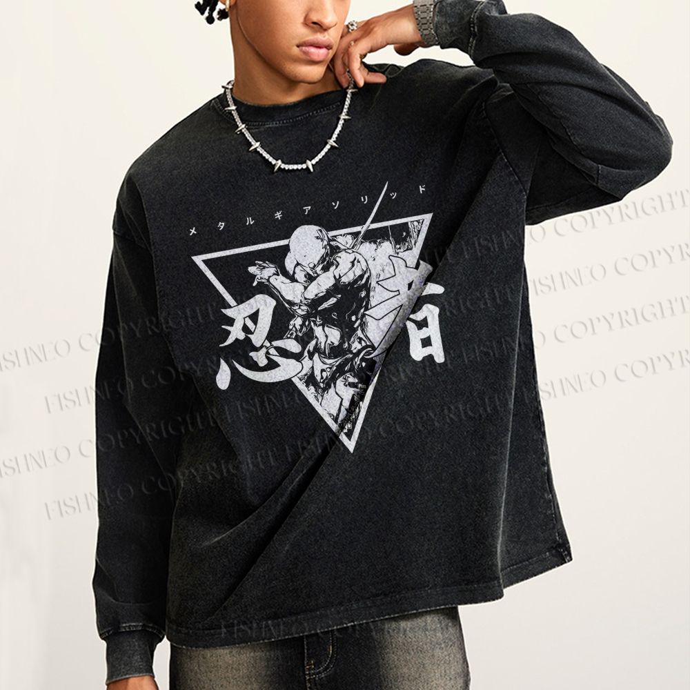 Unisex Casual Washed Metal Gear Printed Long Sleeve T-shirt