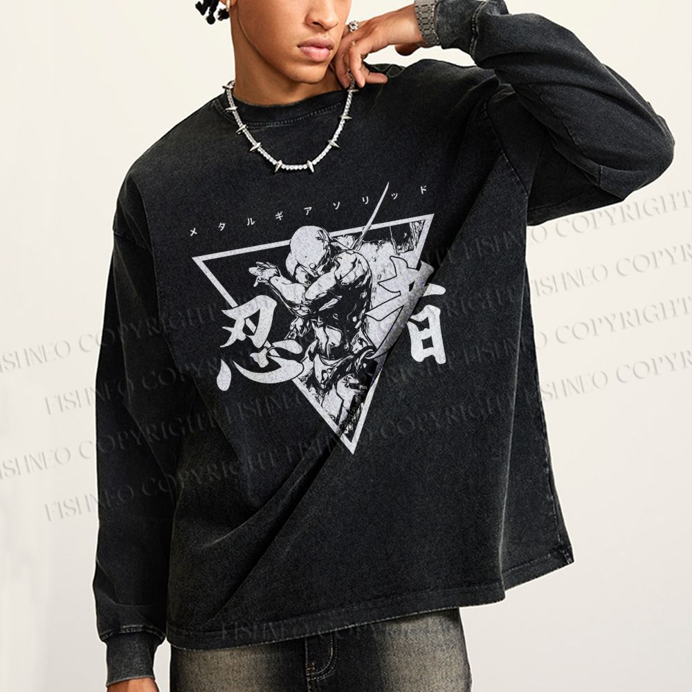 Unisex Casual Washed Metal Gear Printed Long Sleeve T-shirt