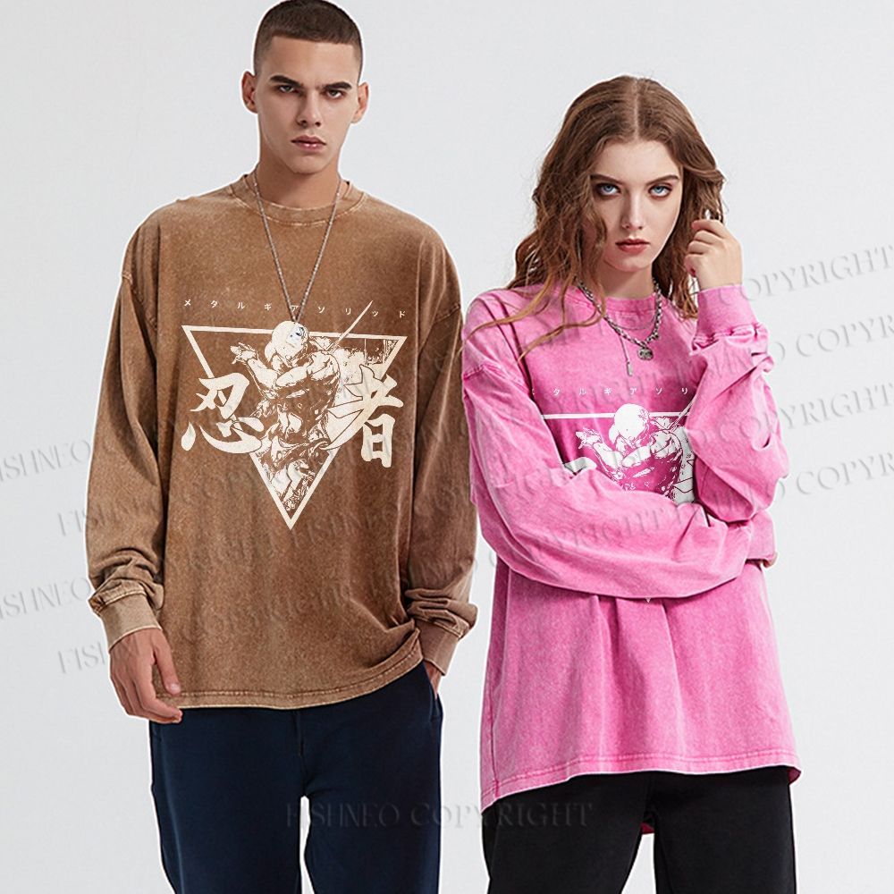 Unisex Casual Washed Metal Gear Printed Long Sleeve T-shirt