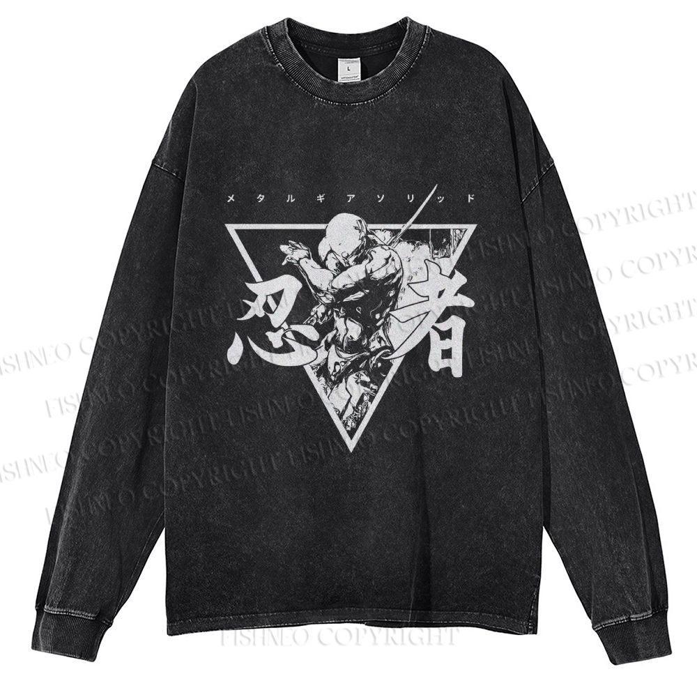 Unisex Casual Washed Metal Gear Printed Long Sleeve T-shirt