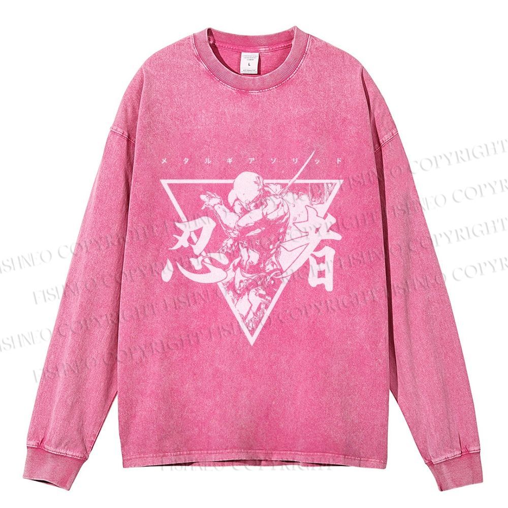 Unisex Casual Washed Metal Gear Printed Long Sleeve T-shirt