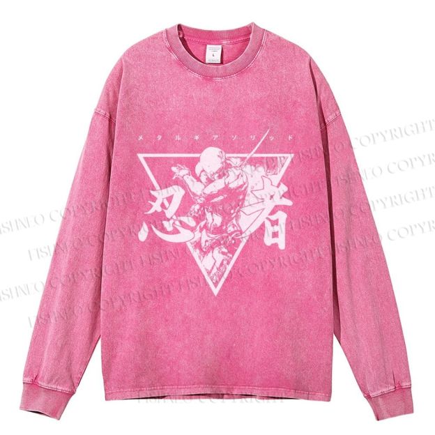 Unisex Casual Washed Metal Gear Printed Long Sleeve T-shirt