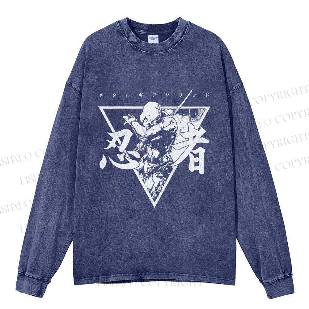 Unisex Casual Washed Metal Gear Printed Long Sleeve T-shirt