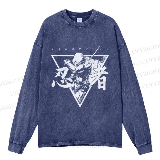 Unisex Casual Washed Metal Gear Printed Long Sleeve T-shirt